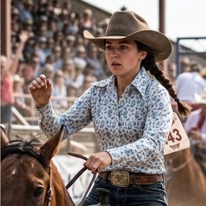 Vintage Women's Blue Paisley Western Button-Up Shirt S